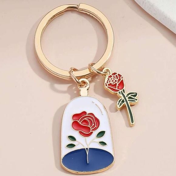 New Beauty And The Beast Glass Case Rose Keychain Charm Stocking Stuffer - Picture 1 of 5